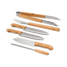 Kit churrasco em estojo de bambu com 6 peças em aço inox e bambu